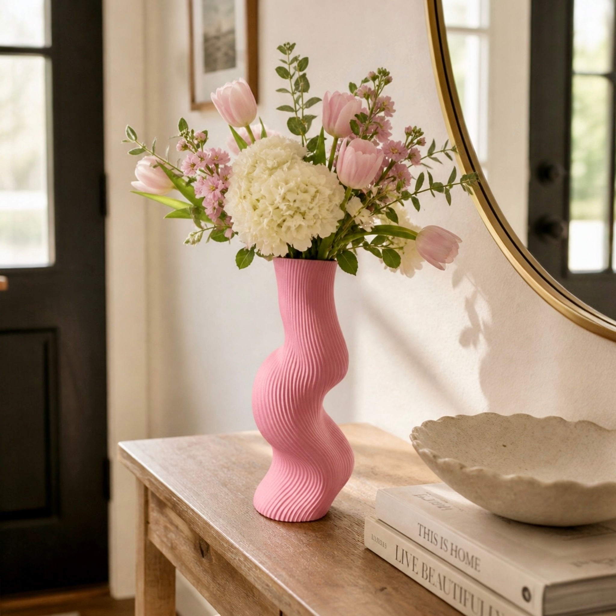 Pink Uzoo Tanasul Vase: 9.5" Sculptural Wave Vase, Eco - Friendly Decor by Pashmation