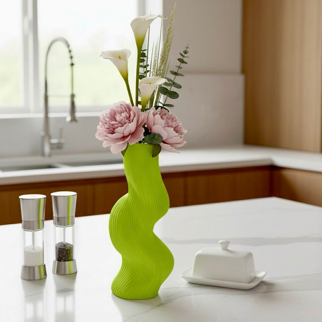 Lime Green Uzoo Tanasul Vase – undulating wave sculptural decor