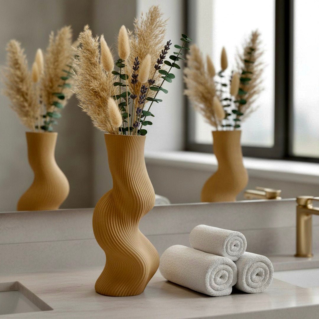 Brown Uzoo Tanasul Vase styled on tall stand – sculptural wave centerpiece