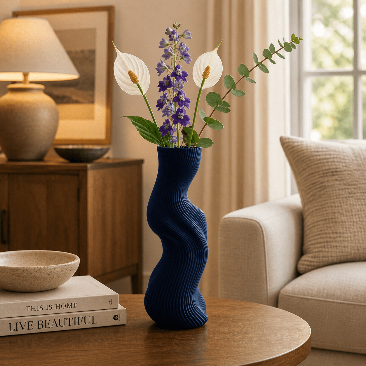 Uzoo Tanasul Vase styled on tall stand – sculptural wave centerpiece