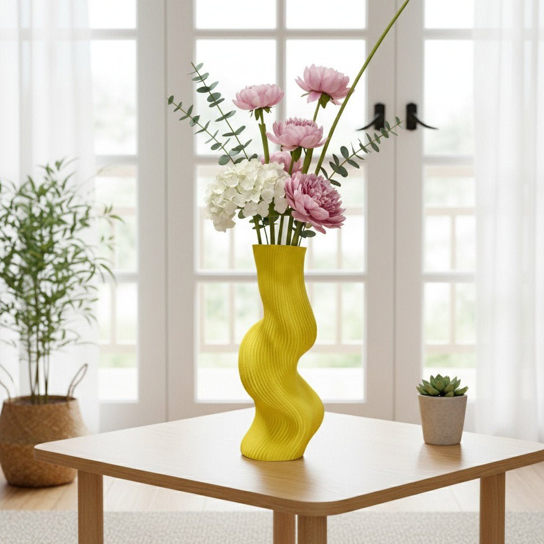 Yellow Uzoo Tanasul Vase: 9.5" Sculptural Wave Vase, Eco - Friendly Decor by Pashmation