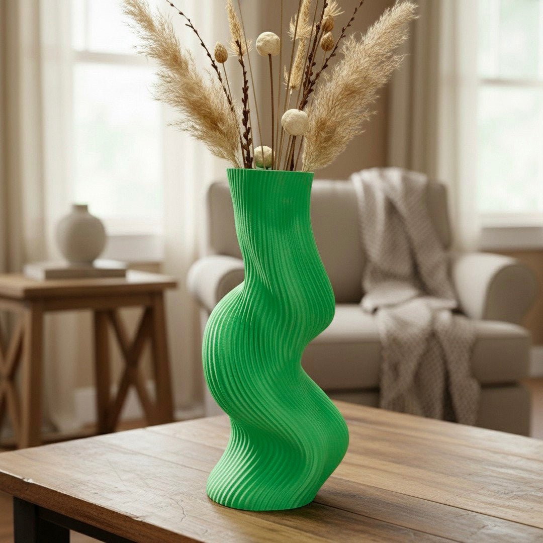 Grass Green Uzoo Tanasul Vase on console – undulating sculptural decor