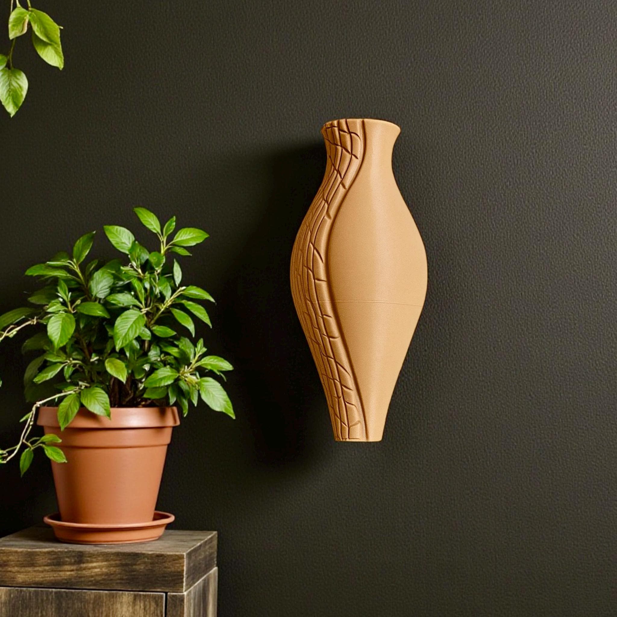 Latte organic wall vase on dark wall – wall-mounted sculptural decor