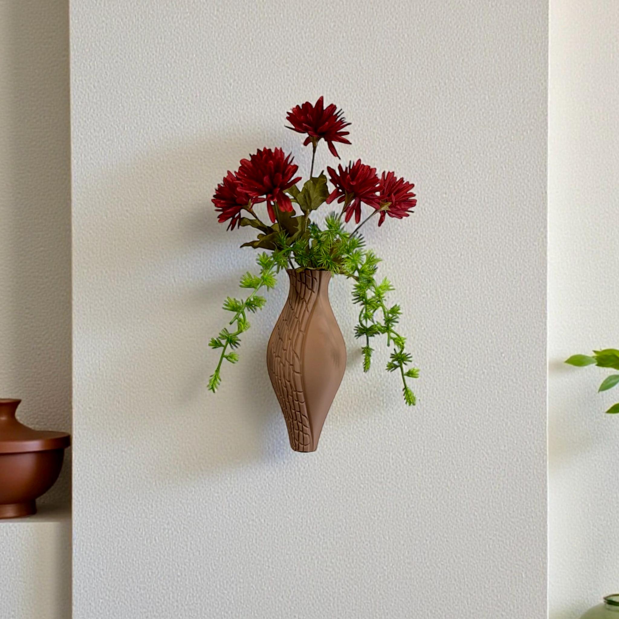 Organic wall vase with red florals – wall-mounted sculptural decor