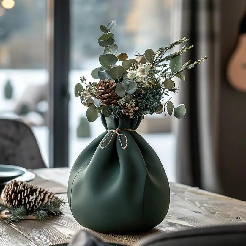 Olive Cinched Wave Vase styled in modern living room interi