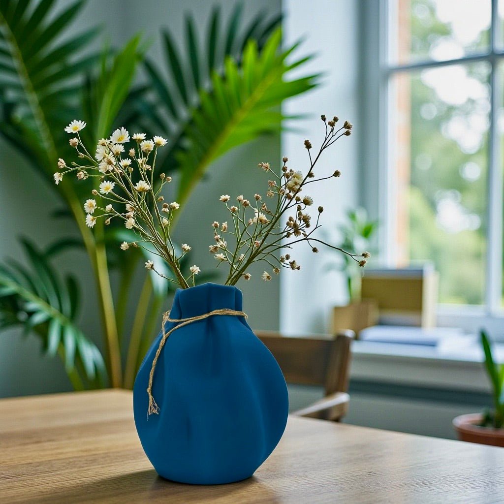 Blue Cinched Wave Vase styled with greenery – pouch-form sculptural decor