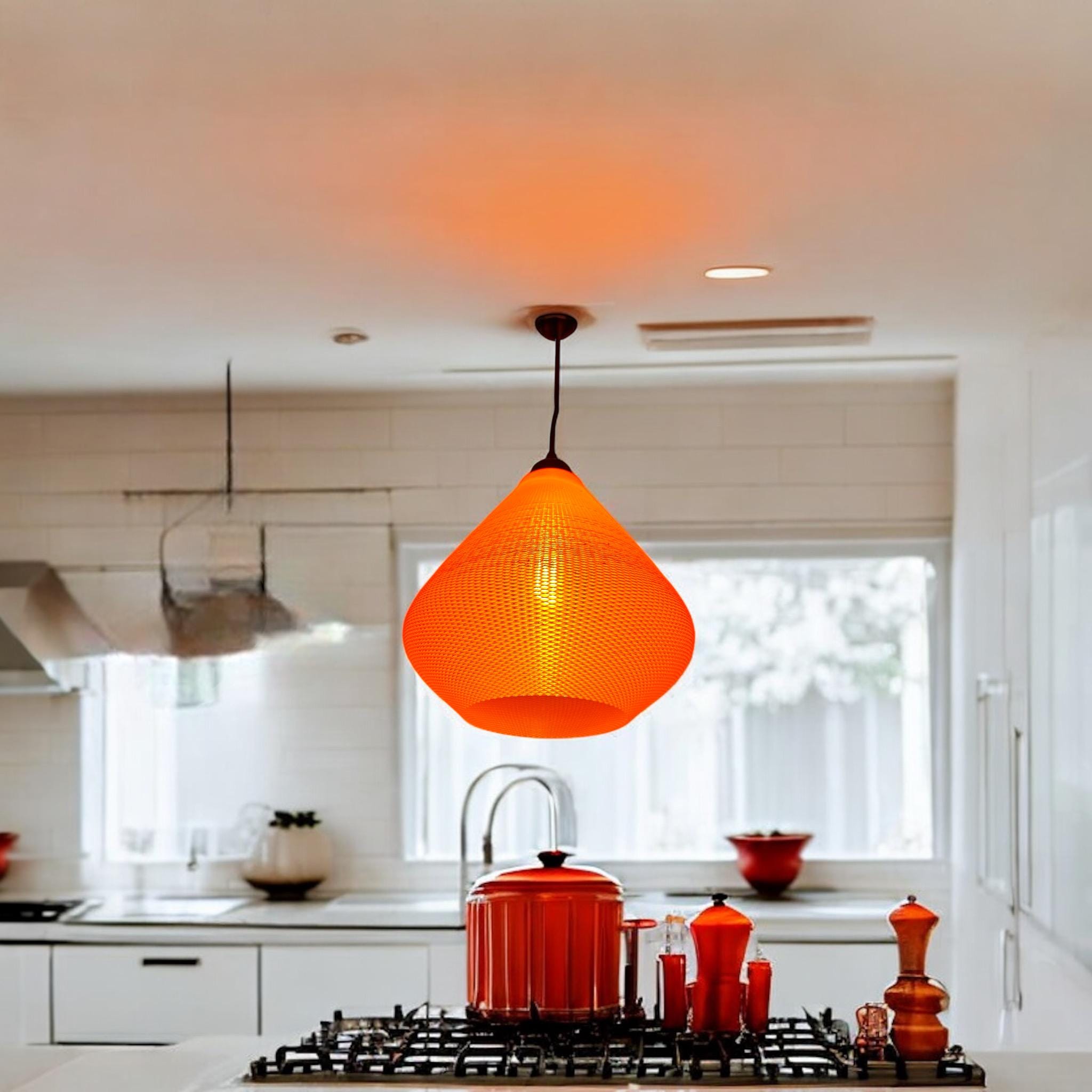 Orange Woven Pendant Light over dining setting – modern woven ceiling lamp