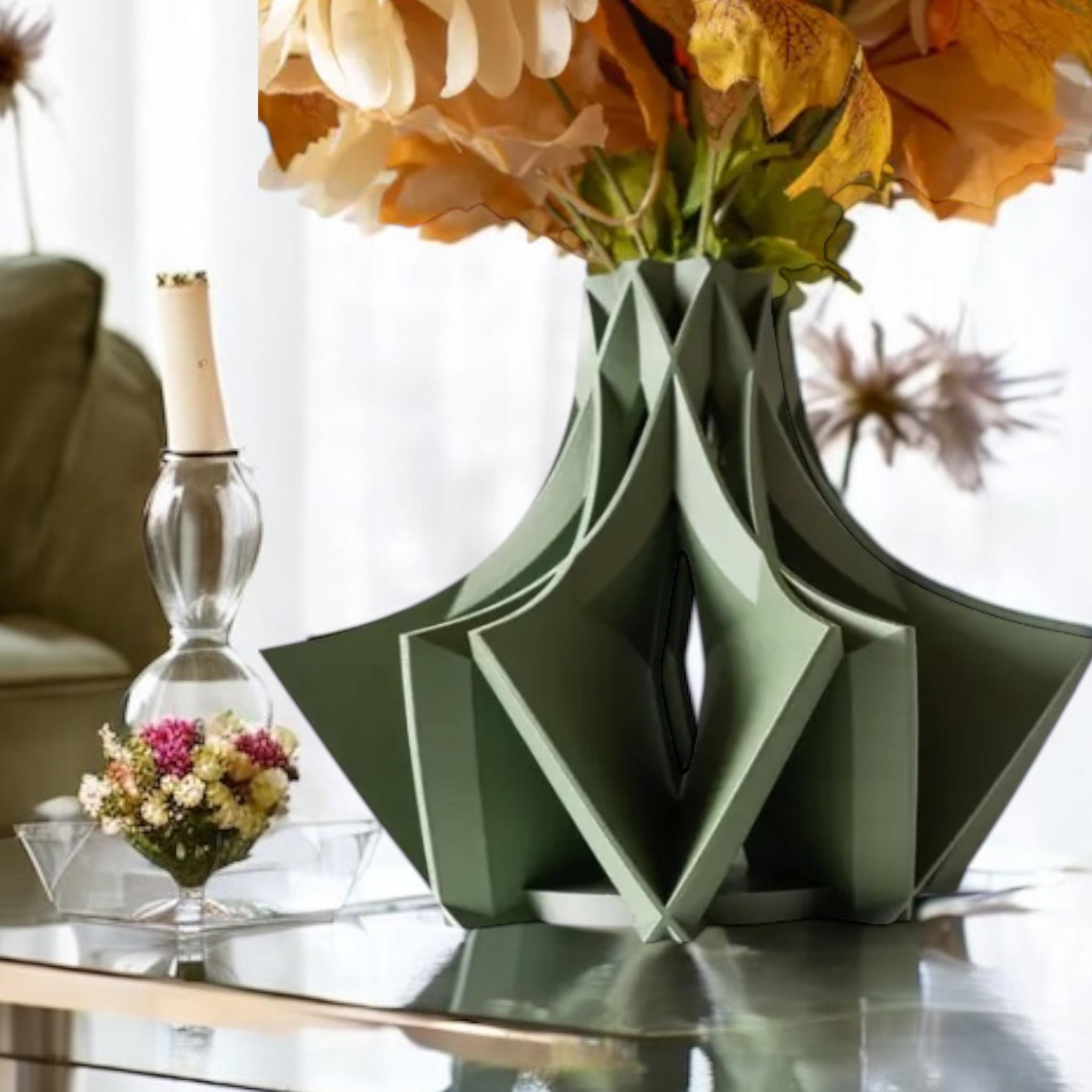 Wide Flower Vase Modern Home Decor 8 - Inch Tall Roma Printed Colorful Designer Artistic Geometric Container - Pashmation