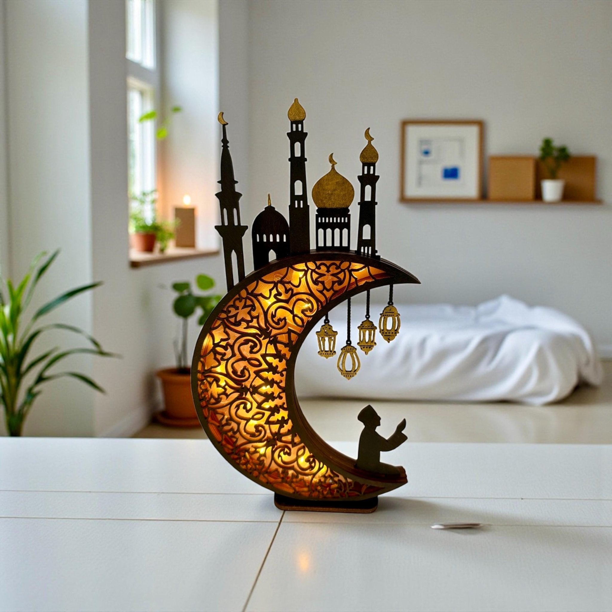 Hand-painted Ramadan lamp on side table – wooden mosque silhouette decor