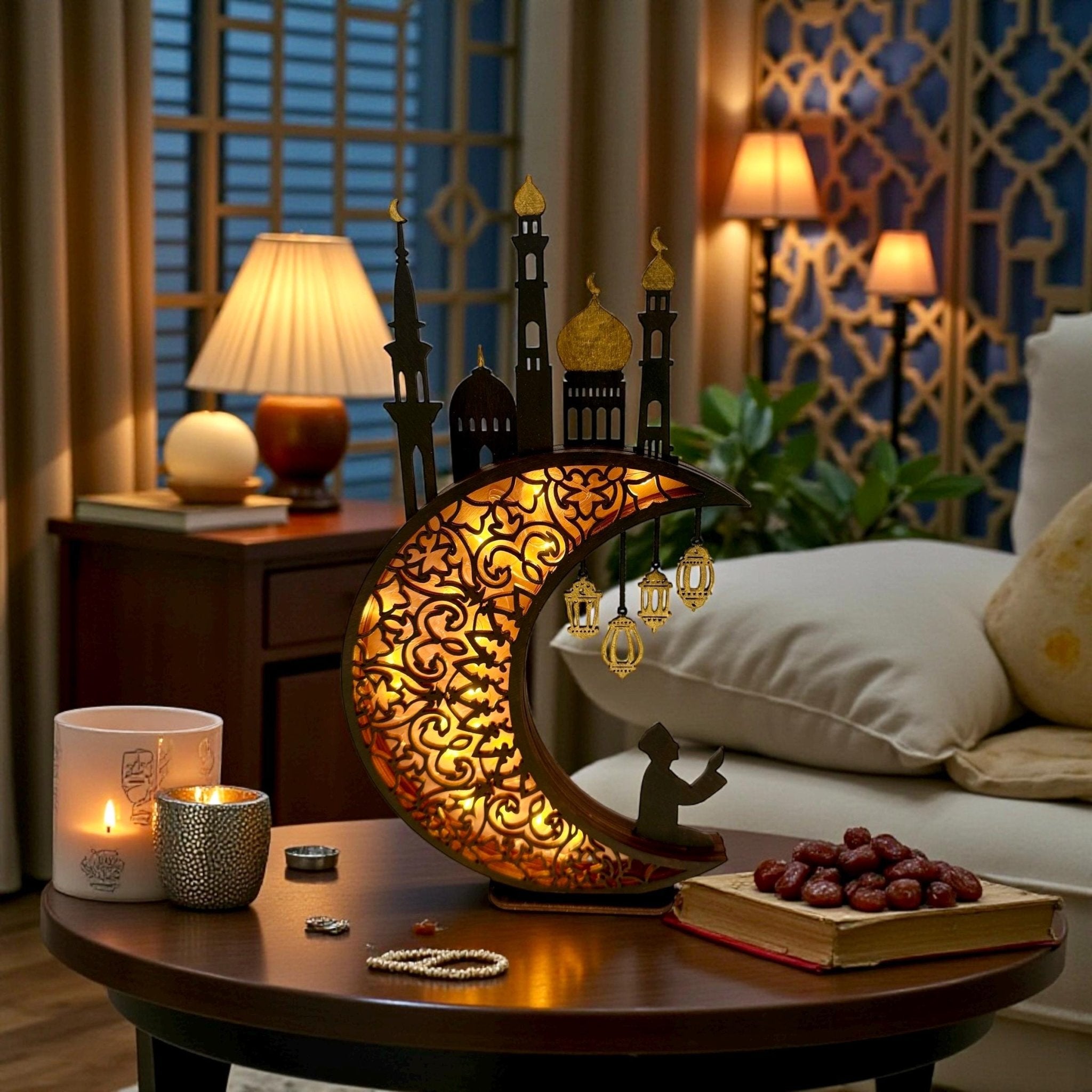 Hand-painted Ramadan lamp in living room – wooden crescent decor for prayer corner