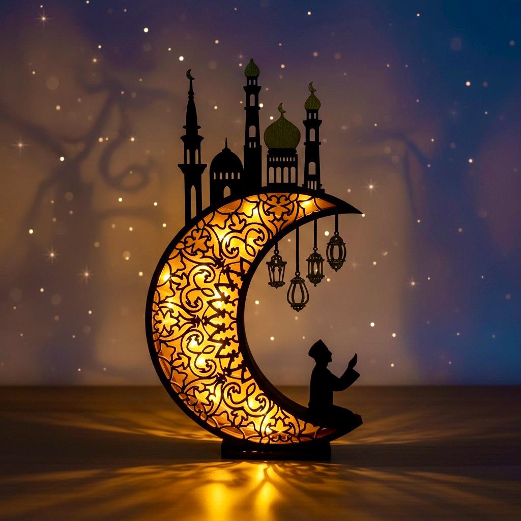 Hand-painted Ramadan lamp lit – wooden crescent with mosque cutout and warm LED